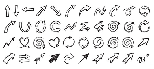 Naklejka premium A Hand Drawn Arrow Icons Set. with Curved and Straight, Directional ,Doodles ,for Navigation Design.