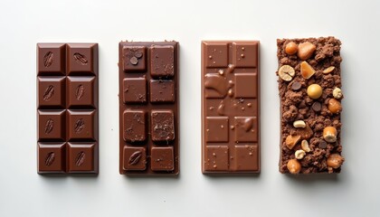Obraz premium Four chocolate bars arranged on white surface. Chocolate types include plain smooth, coffee bean imprint, milk with toppings, and crunchy nut variety. Different textures and flavors.