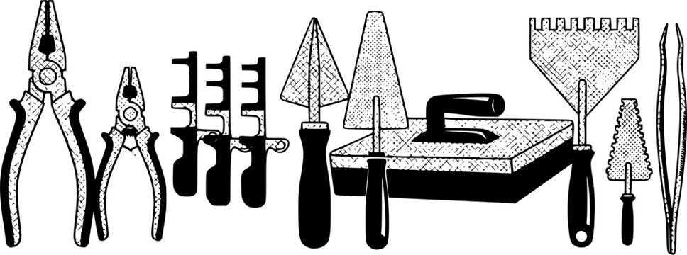 Flat design close up set of tiling tools with pliers tile spacers grout float notched trowel tweezers mesh silhouette icons
