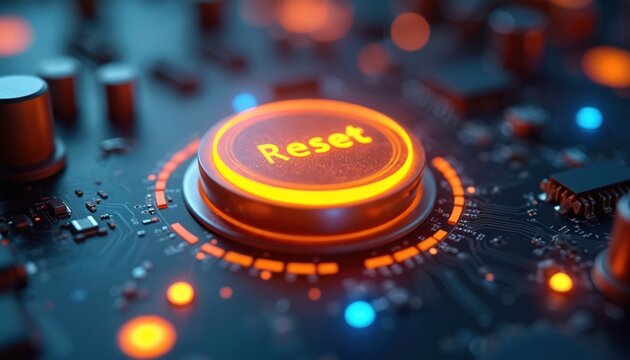 Close up illuminated reset button on dark circuit board with glowing orange lights. Electronic components and chip details are visible. Technology concept for restart.