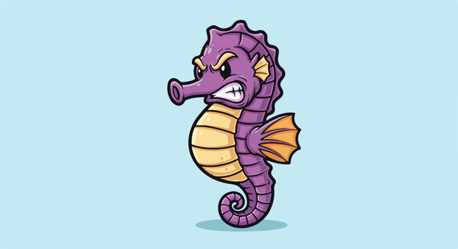 Cartoon seahorse with angry expression, purple body, yellow belly, orange fins
