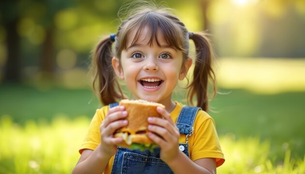 Young girl with pigtails smiles holding sandwich in sunny park. She wears blue overalls over yellow shirt, enjoys lunch outdoors. Casual, happy, summer food time for child.