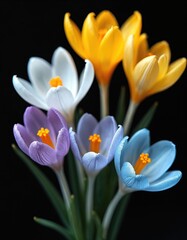 Fototapeta premium Pastel colored crocuses bloom in spring. Delicate white, yellow, purple, blue petals open on black background. Fresh floral bouquet, natural beauty in macro detail.