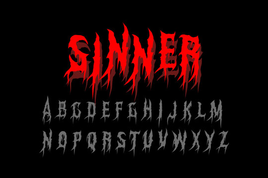 Sinner typography in aggressive death metal font style. Sharp red vector design for streetwear, band merch, and edgy posters. Bold and brutal look.