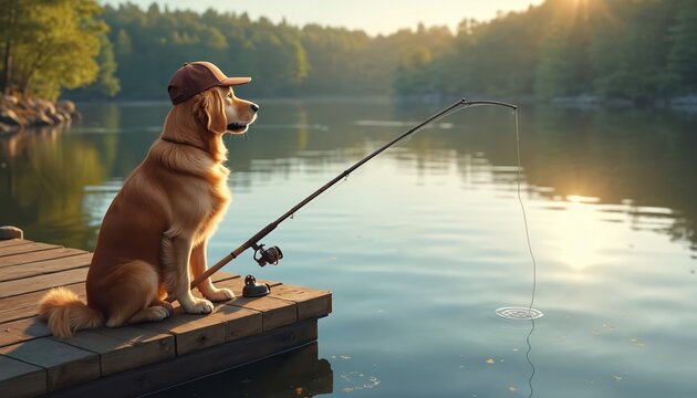 Golden retriever dog sits on wooden dock wearing cap. Dog fishes with rod on lake water. Calm animal waits for bite during sunny day. Pet enjoys quiet nature.
