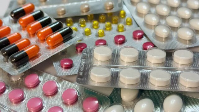 Tablets and capsules in whole blisters of different colors for treatment are on the table. Close-up.