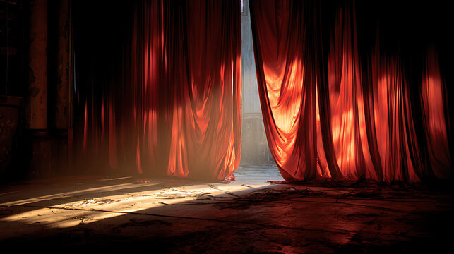 Dramatic orange and red theater curtains are pulled back, revealing a bright opening bathed in sunlight, casting long, sharp shadows across the dusty, textured stage floor in a scene of intense theatr