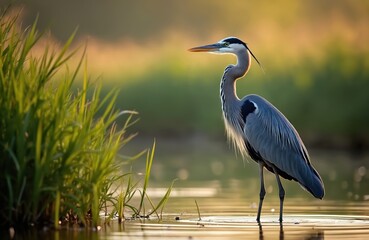 Obraz premium Great blue heron stands in calm shallow water near green grass. Bird with long beak and grey feathers looks to the side. Sunrise or sunset light creates soft glow on background.