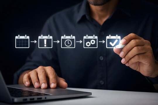 Man planning and organizing tasks on his laptop with a calendar timeline