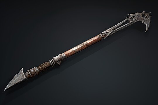 Ancient metal and wood polearm featuring a mythical dragon head at its blade end