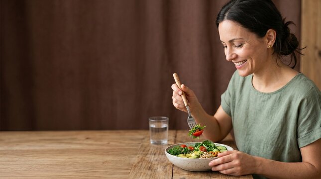 Close-Up of Woman Eating Salad with Fork &ndash; Healthy Lifestyle Concept. organic vegetarian food bowl, weight loss healthy dinner.