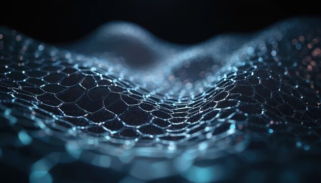 Hexagonal atomic lattice structure appears to float, rippling like a wave. Shimmering iridescent sheen on dark background suggests future tech and material science.