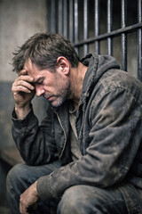 Obraz premium Portrait of a dirty, unshaven male prisoner in a jail cell , expressing deep regret and hopelessness