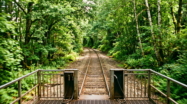 Perspectiva desde la parte trasera de un tren en movimiento, mostrando las v&iacute;as que se alejan a trav&eacute;s de un frondoso t&uacute;nel de vegetaci&oacute;n y &aacute;rboles verdes en un bosque sereno.