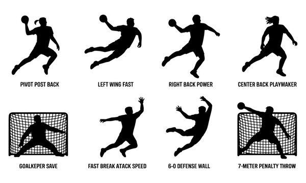 Handball player silhouettes in various positions and actions on white background