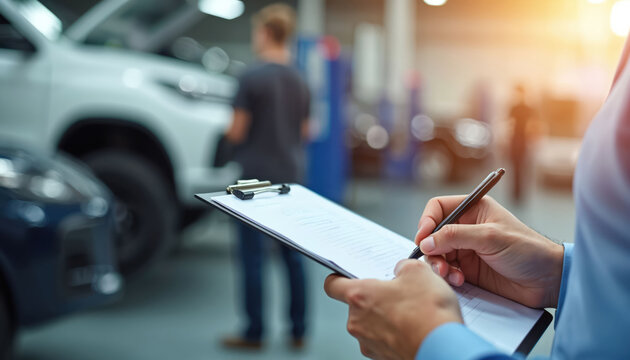 Person with clipboard writes notes in car repair shop. Mechanic checks auto service report near vehicles, indoor. Professional assesses vehicle condition for customer.