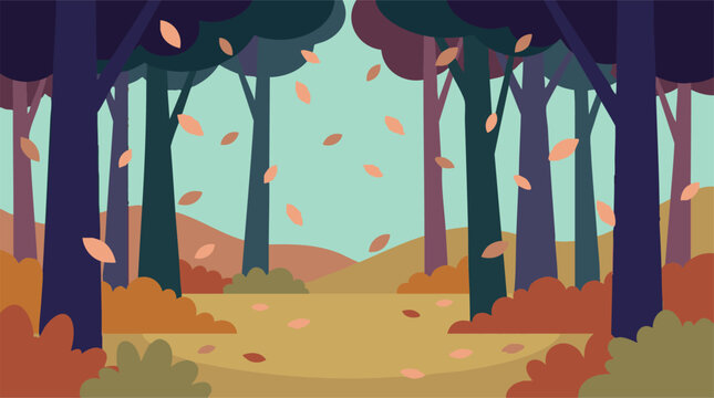 Stylized autumn forest landscape with falling leaves and a winding path