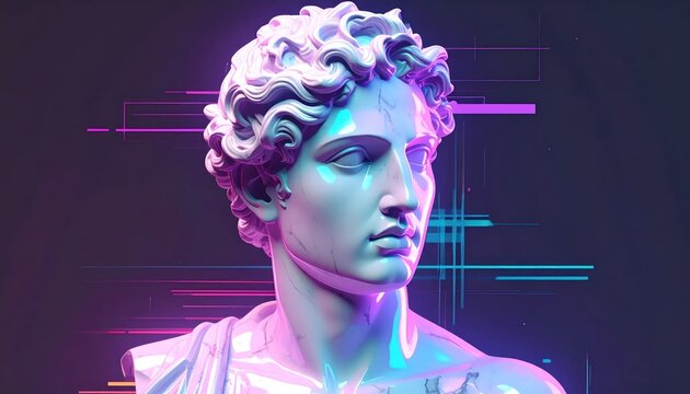 Neo-Classical Sculpture with Vibrant Neon Lights and Glitch Effects.