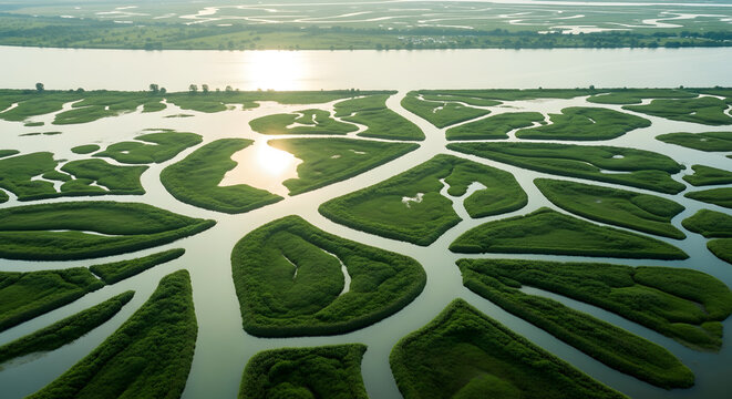 Aerial view of the amazon river delta at sunset a natural wonder