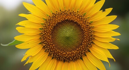 Obraz premium A vibrant sunflower with a bright yellow center and dark brown seeds, set against a blurred green background.