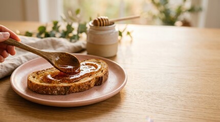 Fototapeta premium Sweet Toast Moment: A close-up shot captures the simple pleasure of spreading golden honey on a warm slice of toast.