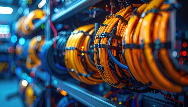 Intricately bundled orange and black wiring harnesses neatly organized on server racks within a data center.