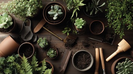 Naklejka premium Gardening tools and plants arranged on a wooden surface for potting activity