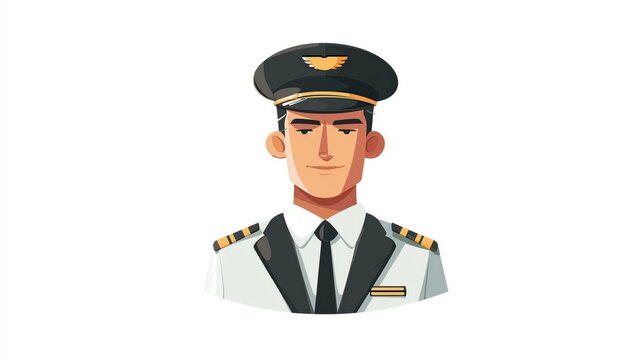 Illustration of a confident male pilot in uniform with a captain's hat, epaulettes, and a tie on a white background.