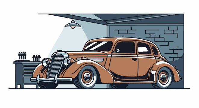 Classic car in a workshop with tools and a brick wall