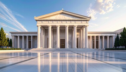 Obraz premium Majestic classical marble building facade with grand columns and a pediment under a bright sky