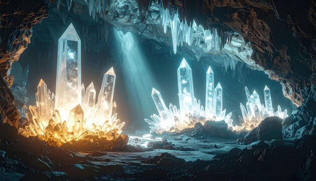 Majestic Crystal Formations Illuminated Deep Within a Mysterious Cave