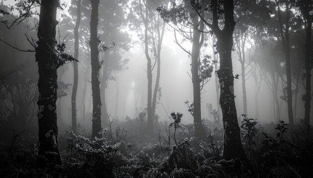 Misty Forest Scene with Tall Trees and Dense Undergrowth in Eerie Black and White