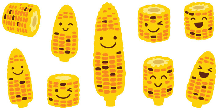 Cute cartoon corn characters with happy smiling faces, a playful vector illustration for food packaging and educational.