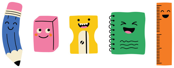 Adorable school supplies set with happy cartoon faces, a charming vector illustration for children's learning projects. © HOAI PHAM