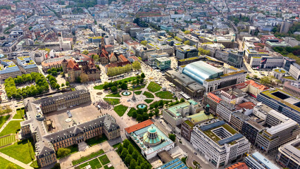 Fototapeta premium A panoramic aerial view above the old town and downtown in the Stuttgart the capitol city of Baden-Württemberg in Germany on a sunny spring day