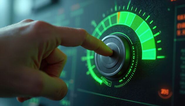 Fingers adjust glowing green dial on dark interface. Control level indicates rating from poor to excellent. User manages settings, makes choices, sets parameters for system performance.