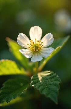 Macro shot of a delicate white thimbleberry flower with bright yellow stamens. Green leaves show sunlight patterns and textured veins, evoking peaceful springtime nature scenes.
