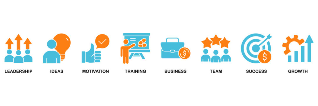 Learn and lead icon set Aqua Orange Flat concept for leadership, ideas, motivation, training, business, team, success, and growth