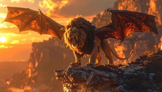 Ferocious Manticore With Lion Head And Dragon Wings Roaring On A Mountain Cliff At Sunset