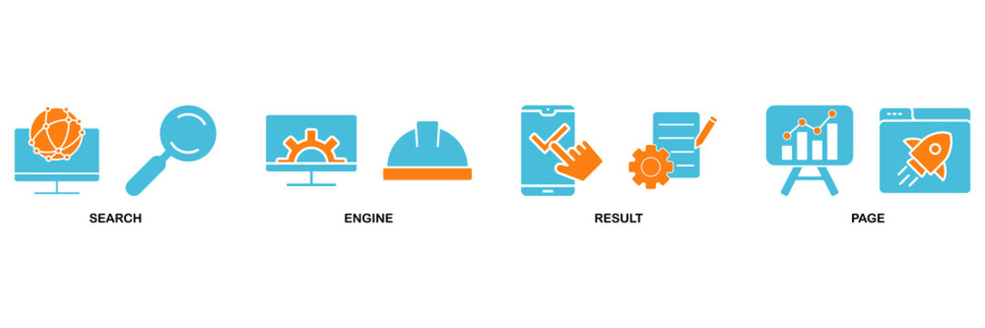 SERP icon set Aqua Orange Flat concept for search engine result page with icon of web search, computer, search engine, mobile search, page result, and statistics graph