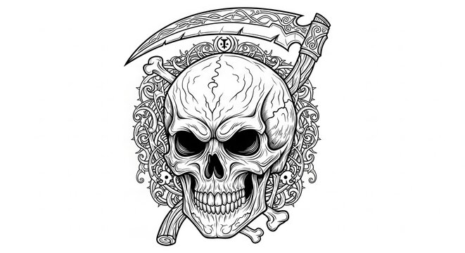 Detailed Black and White Skull with Scythe and Bones.
