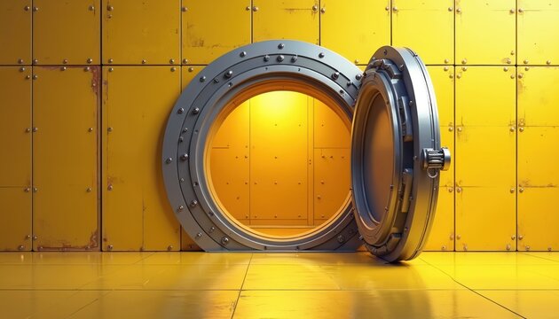 Massive round steel vault door stands open in a bright yellow industrial corridor. Metal panels form the wall and floor leading into a glowing interior space. Security concept.