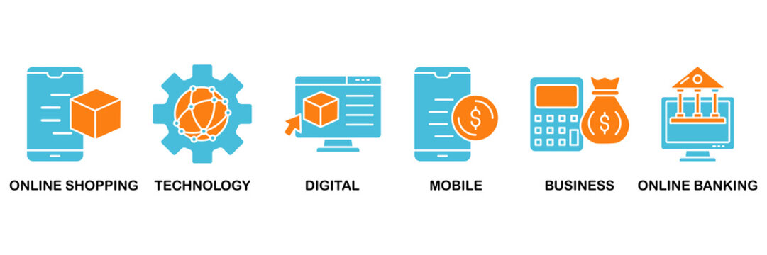 E-Payment icon set Aqua Orange Flat concept for internet banking with icon of online shopping, technology, digital, mobile, business and online banking�