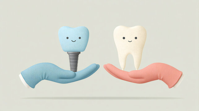 Dental implant and natural tooth models presented in hands on clean background. Tooth replacement, implant dentistry, oral restoration and modern dental care concept.