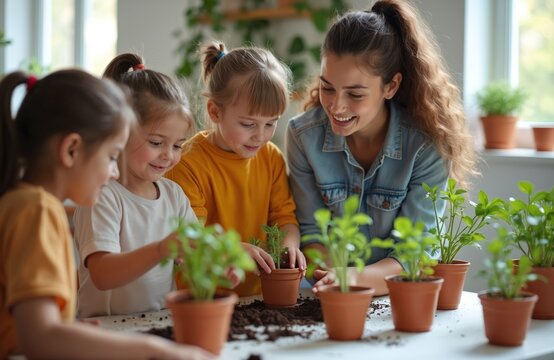 Teacher helps young girls plant seedlings in pots indoors. Children learn about botany in a classroom lesson about nature and growing plants.