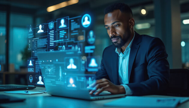 Man in suit uses laptop with glowing digital interface showing profiles and data. Focus on workforce management and employee performance analysis on futuristic screen.