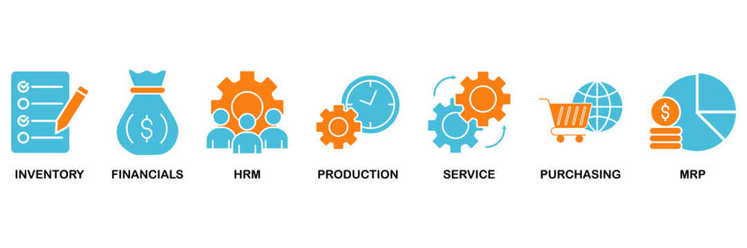ERP icon set Aqua Orange Flat concept for enterprise resource planning with icon of inventory, financials, hrm, production, service, purchasing, and mrp