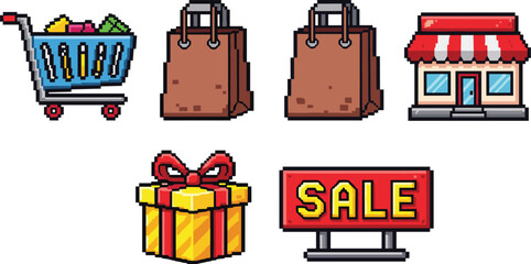 Set of Shopping and Retail Icons Featuring Cart, Bags, Gift, Store, and Sale Sign in Pixel Art Style © Kamrun