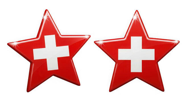 Two glossy red star shapes featuring a white cross pattern representing the swiss national flag isolated on transparent background