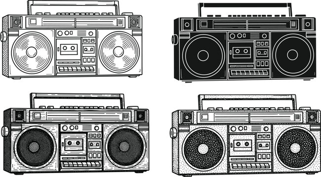Set of Retro Boombox Illustrations in Various Angles and Detail Styles Featuring Cassette Players and Speakers